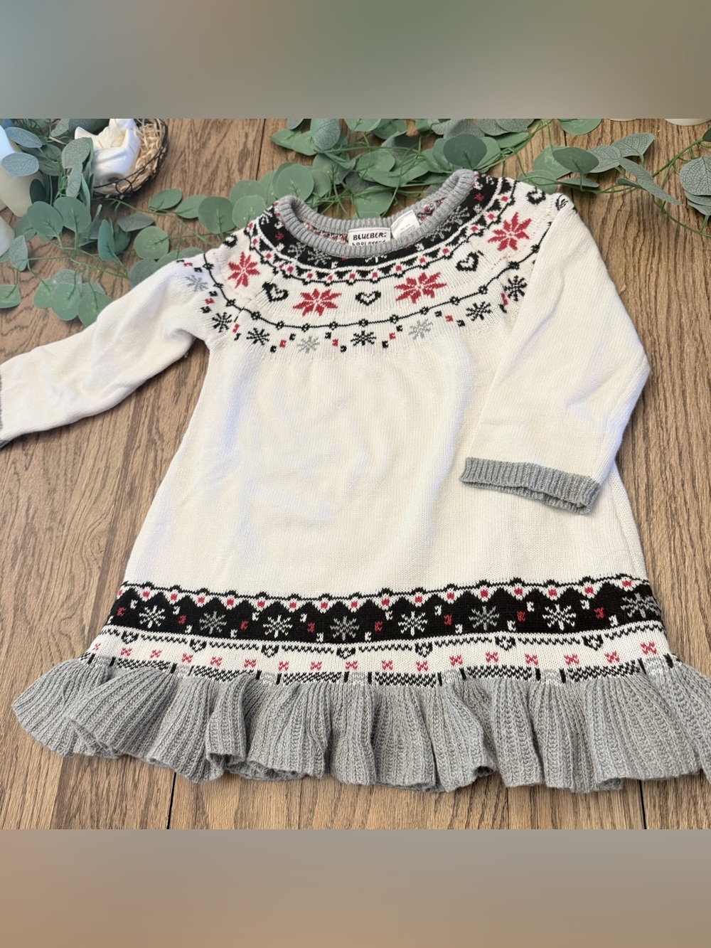 Blueberi Boulevard Girls 6/6x White & Gray Fair Isle Sweater Dress Winter EE